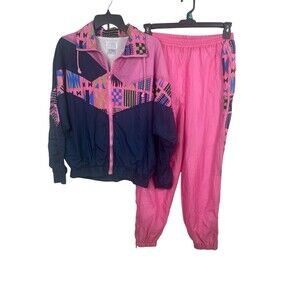 VTG 90s OSC Sport Windbreaker Tracksuit Set Pink Navy Geometric Jacket Pants
